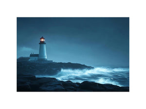 Moody lighthouse canvas art with ocean waves for coastal living room decor.