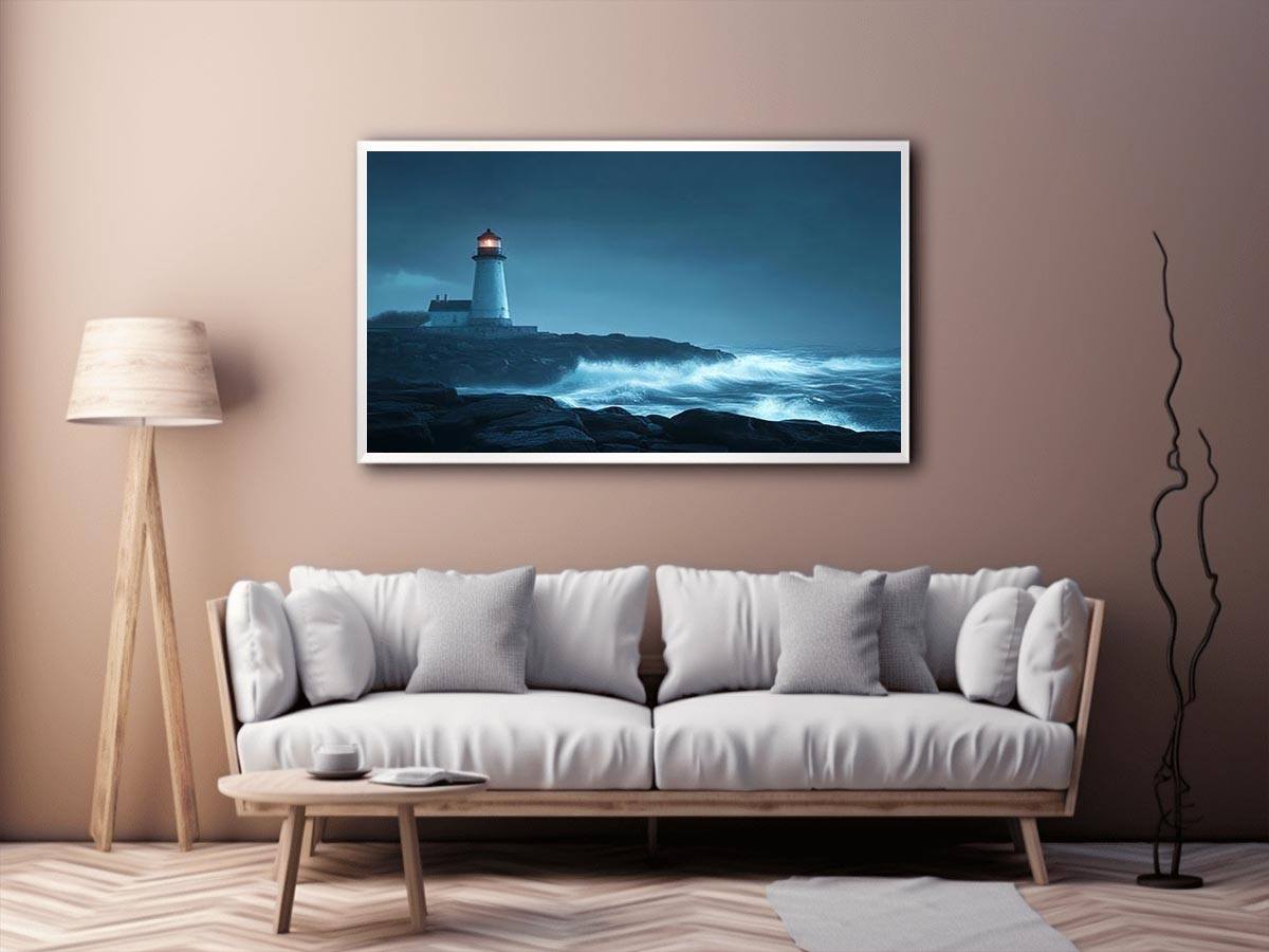 Moody lighthouse canvas art with ocean waves for coastal living room decor.