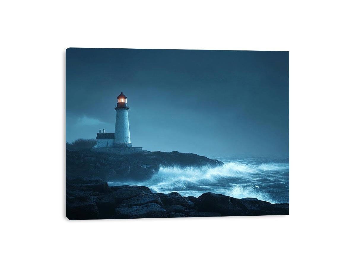 Moody lighthouse canvas art with ocean waves for coastal living room decor.