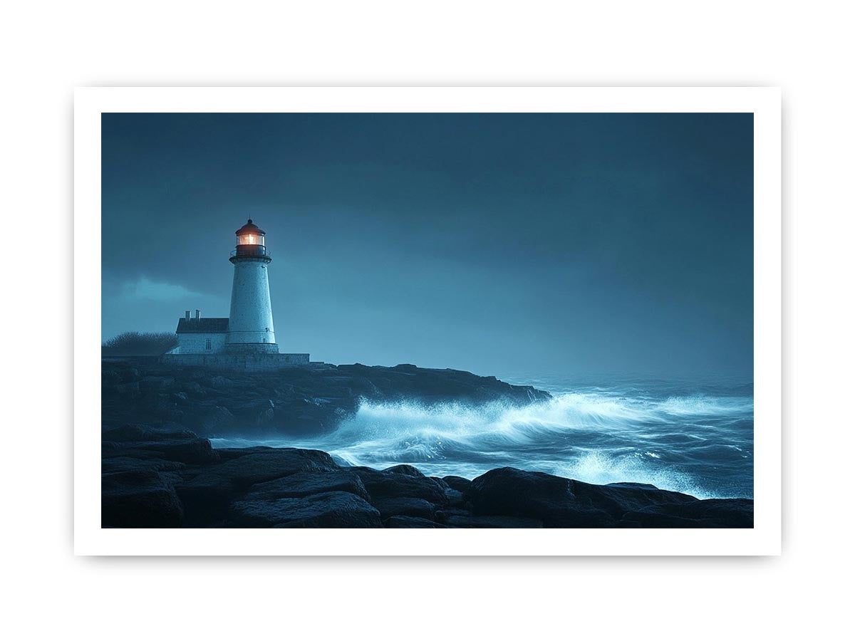 Moody lighthouse canvas art with ocean waves for coastal living room decor.
