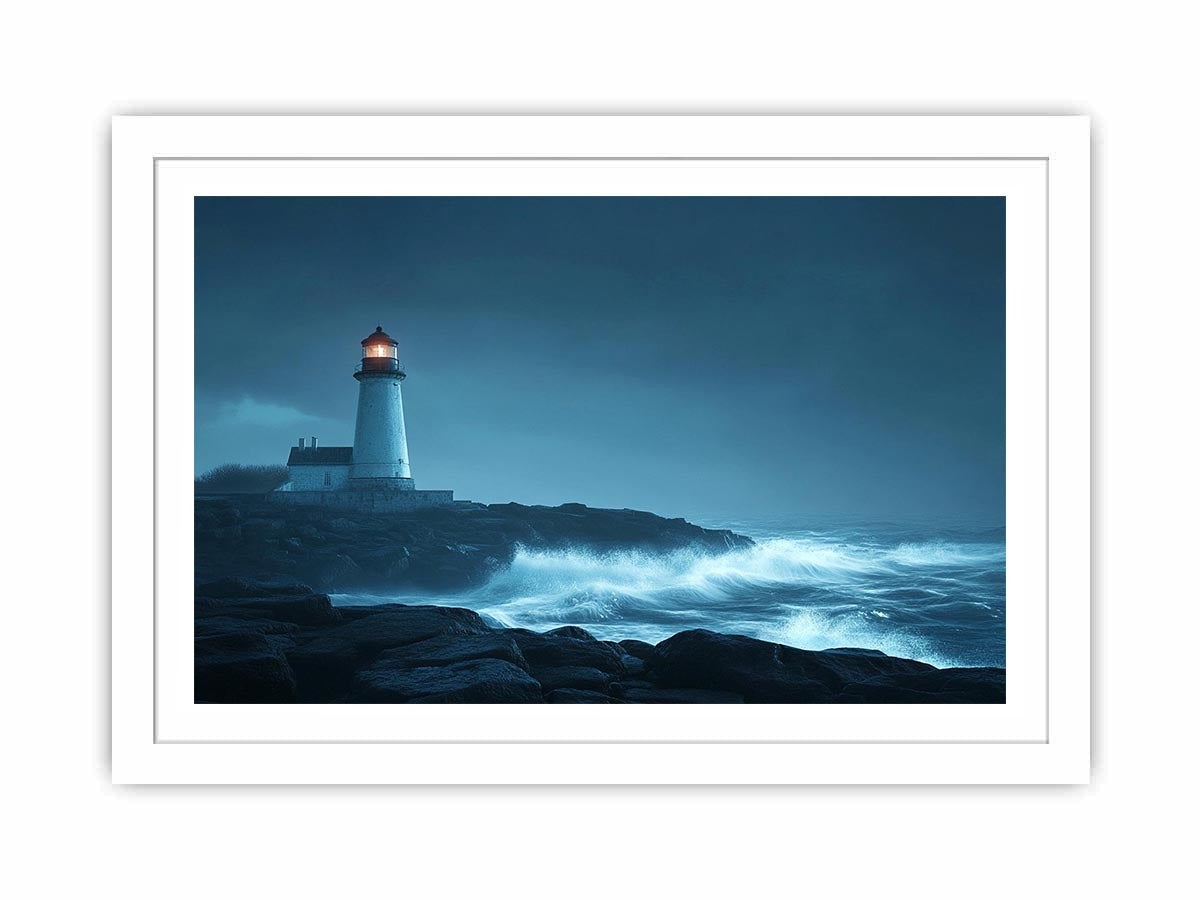 Moody lighthouse canvas art with ocean waves for coastal living room decor.