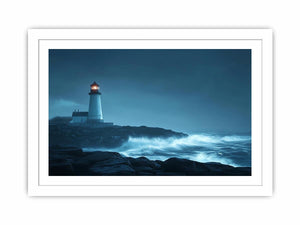 Moody lighthouse canvas art with ocean waves for coastal living room decor.