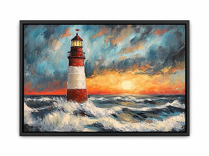 Coastal lighthouse canvas art with crashing ocean waves and sunset sky for modern living room decor.