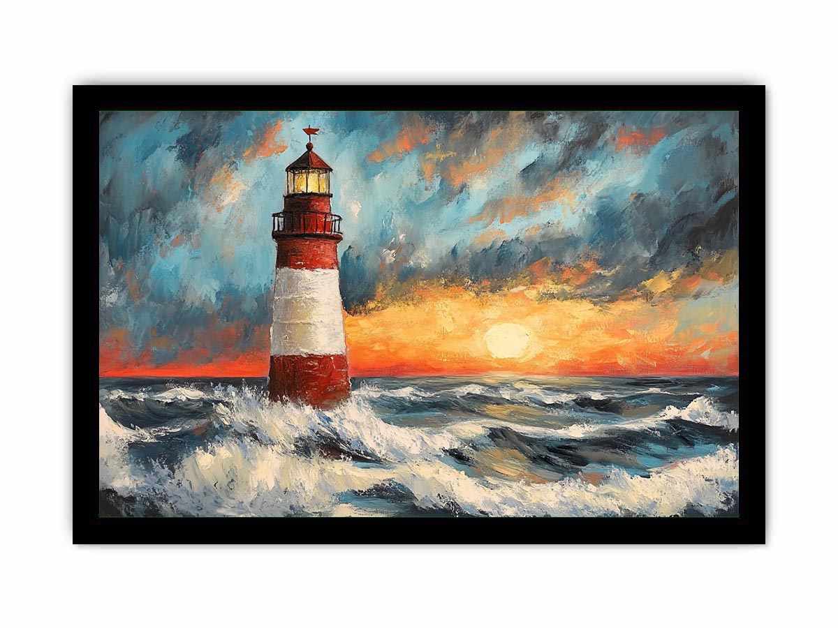 Coastal lighthouse canvas art with crashing ocean waves and sunset sky for modern living room decor.