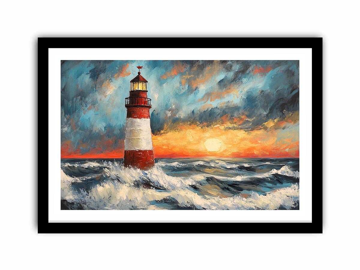 Coastal lighthouse canvas art with crashing ocean waves and sunset sky for modern living room decor.