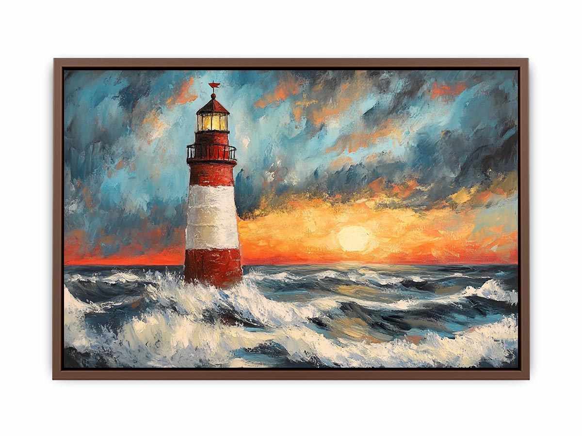 Coastal lighthouse canvas art with crashing ocean waves and sunset sky for modern living room decor.