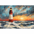 Coastal lighthouse canvas art with crashing ocean waves and sunset sky for modern living room decor.