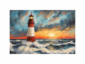 Coastal lighthouse canvas art with crashing ocean waves and sunset sky for modern living room decor.