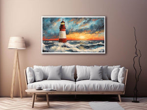 Coastal lighthouse canvas art with crashing ocean waves and sunset sky for modern living room decor.