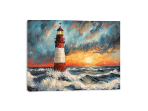Coastal lighthouse canvas art with crashing ocean waves and sunset sky for modern living room decor.