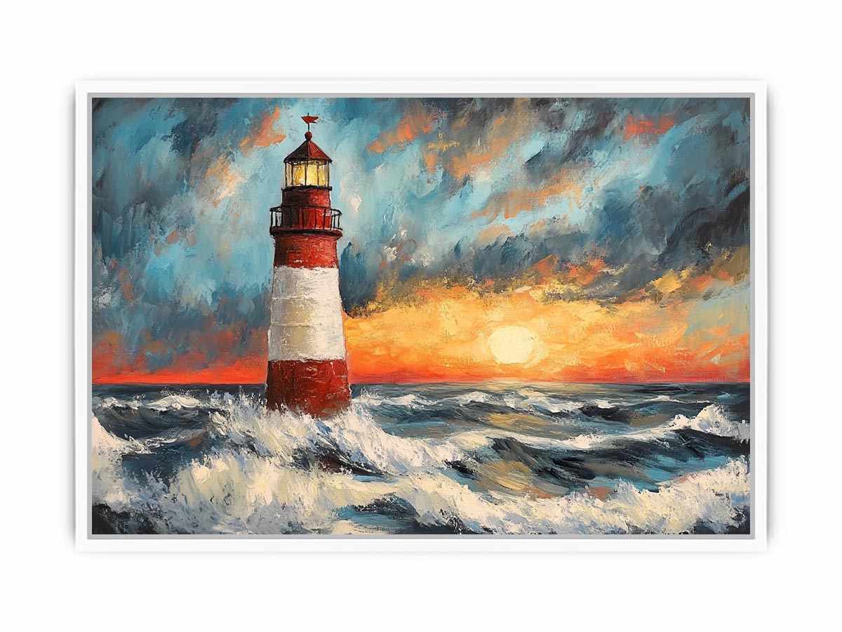 Coastal lighthouse canvas art with crashing ocean waves and sunset sky for modern living room decor.