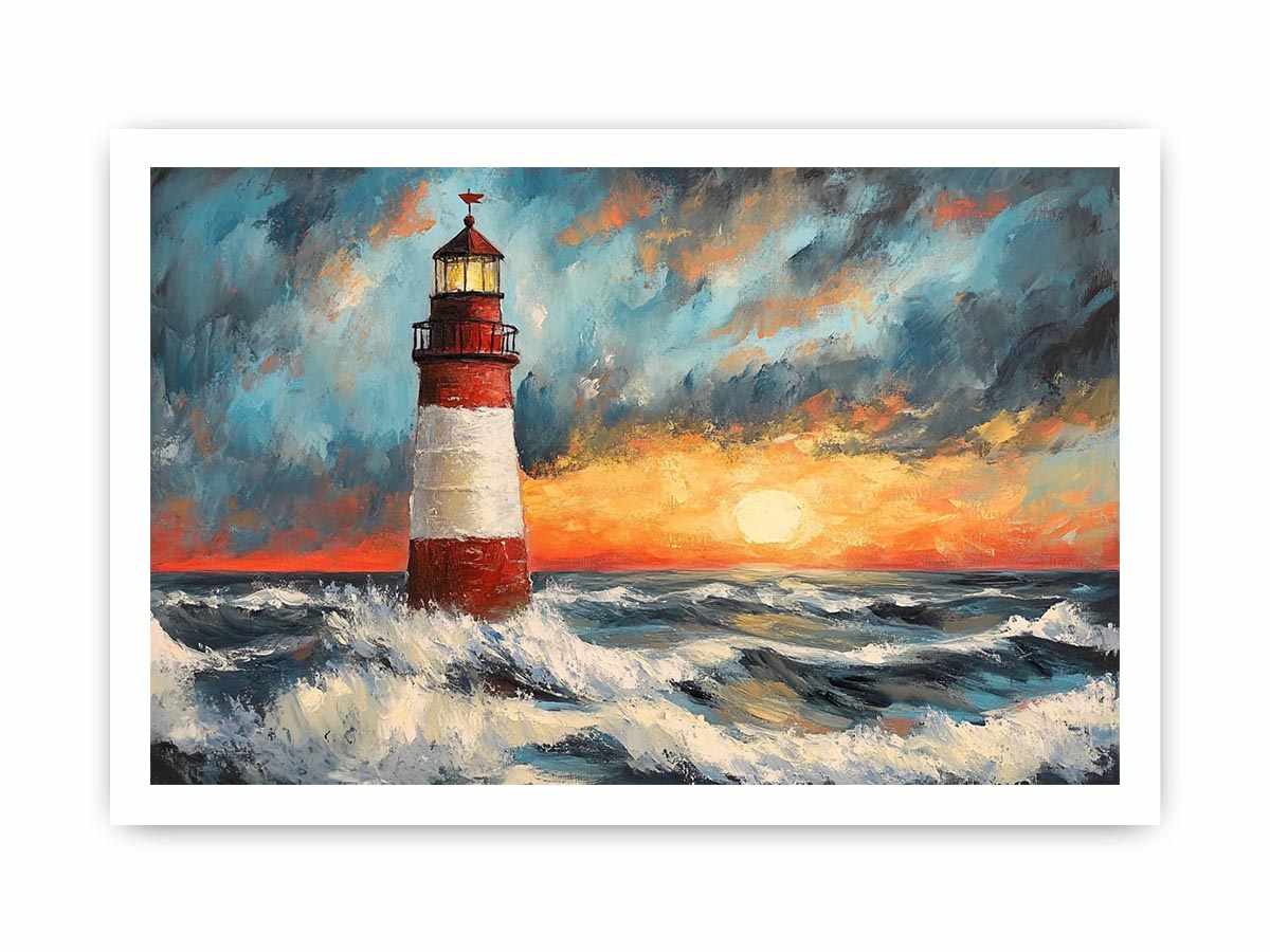 Coastal lighthouse canvas art with crashing ocean waves and sunset sky for modern living room decor.