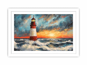 Coastal lighthouse canvas art with crashing ocean waves and sunset sky for modern living room decor.