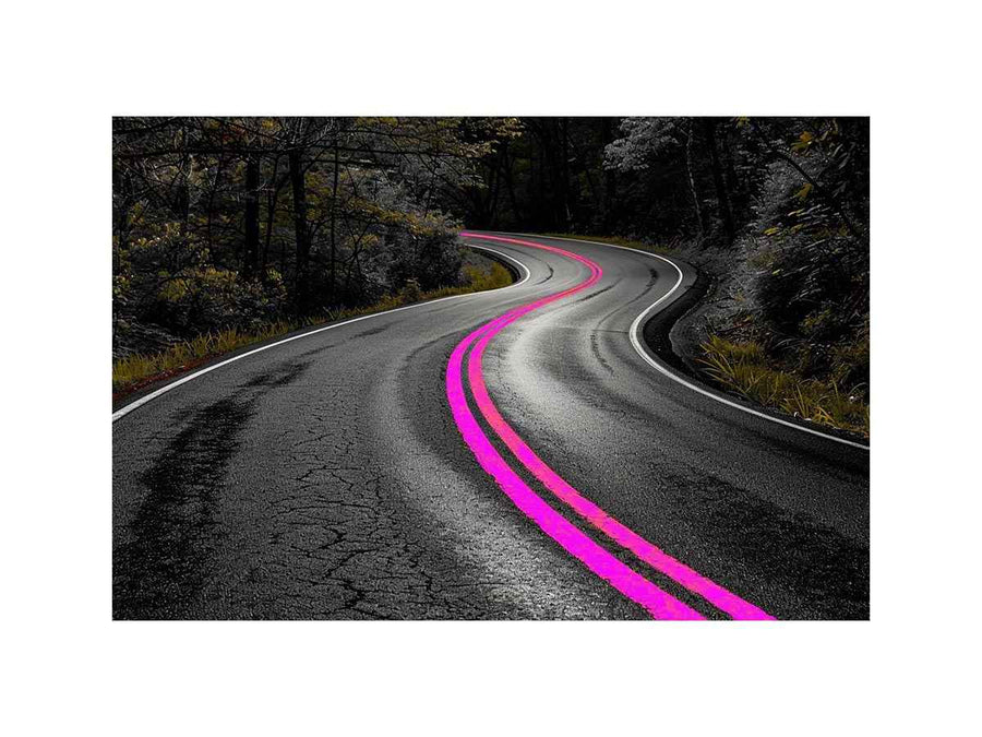 Dark forest road canvas art with neon pink lines for modern office decor.
