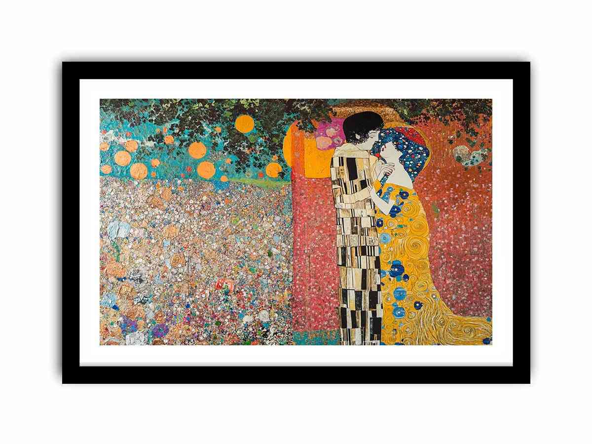 Romantic couple kiss canvas art with gold tones for elegant bedroom decor.