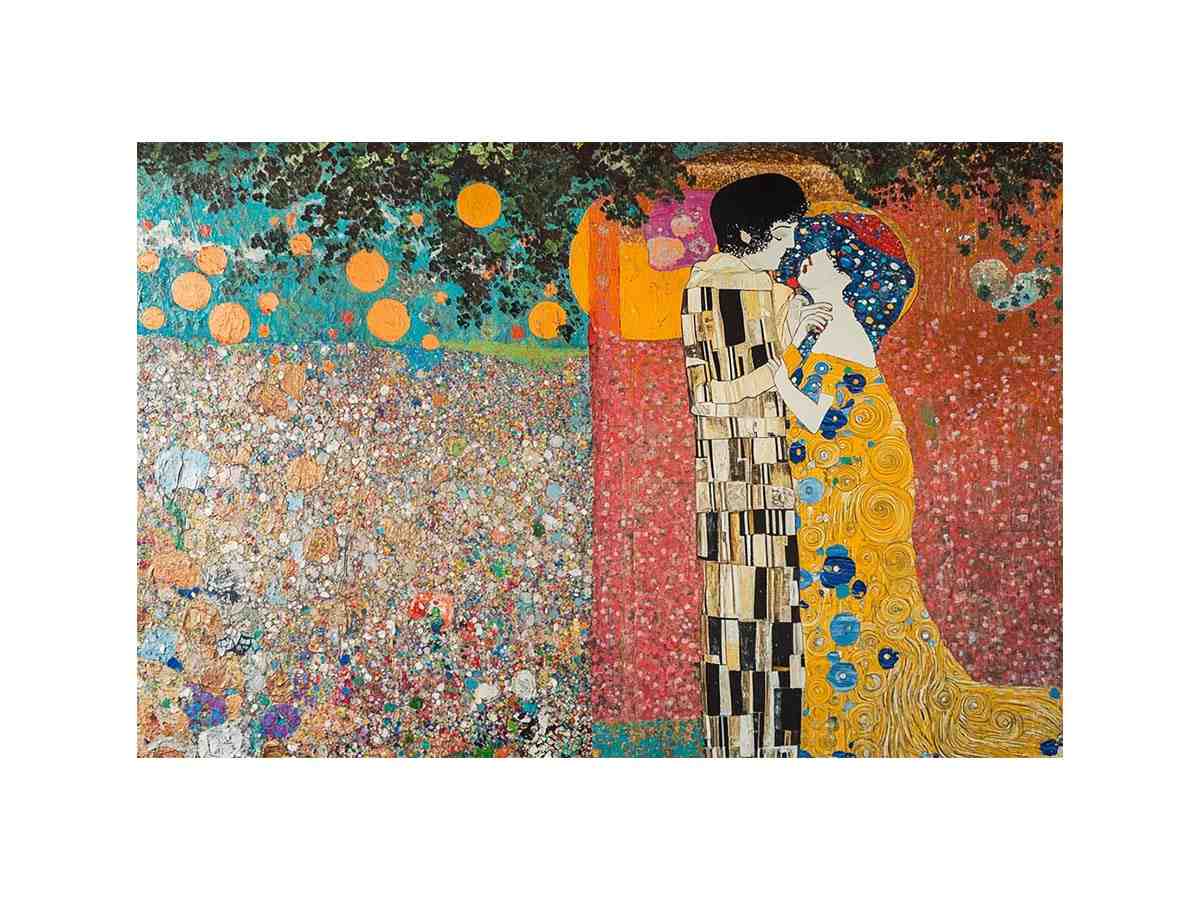 Romantic couple kiss canvas art with gold tones for elegant bedroom decor.