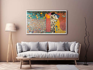 Romantic couple kiss canvas art with gold tones for elegant bedroom decor.
