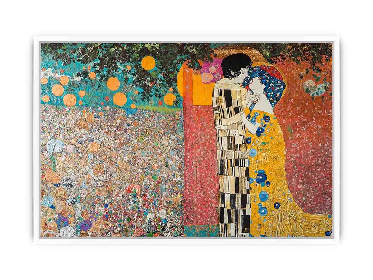 Romantic couple kiss canvas art with gold tones for elegant bedroom decor.