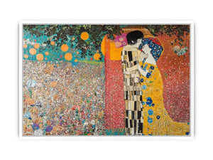 Romantic couple kiss canvas art with gold tones for elegant bedroom decor.