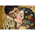 Elegant romantic kiss canvas art with gold and patterned details for bedroom decor.