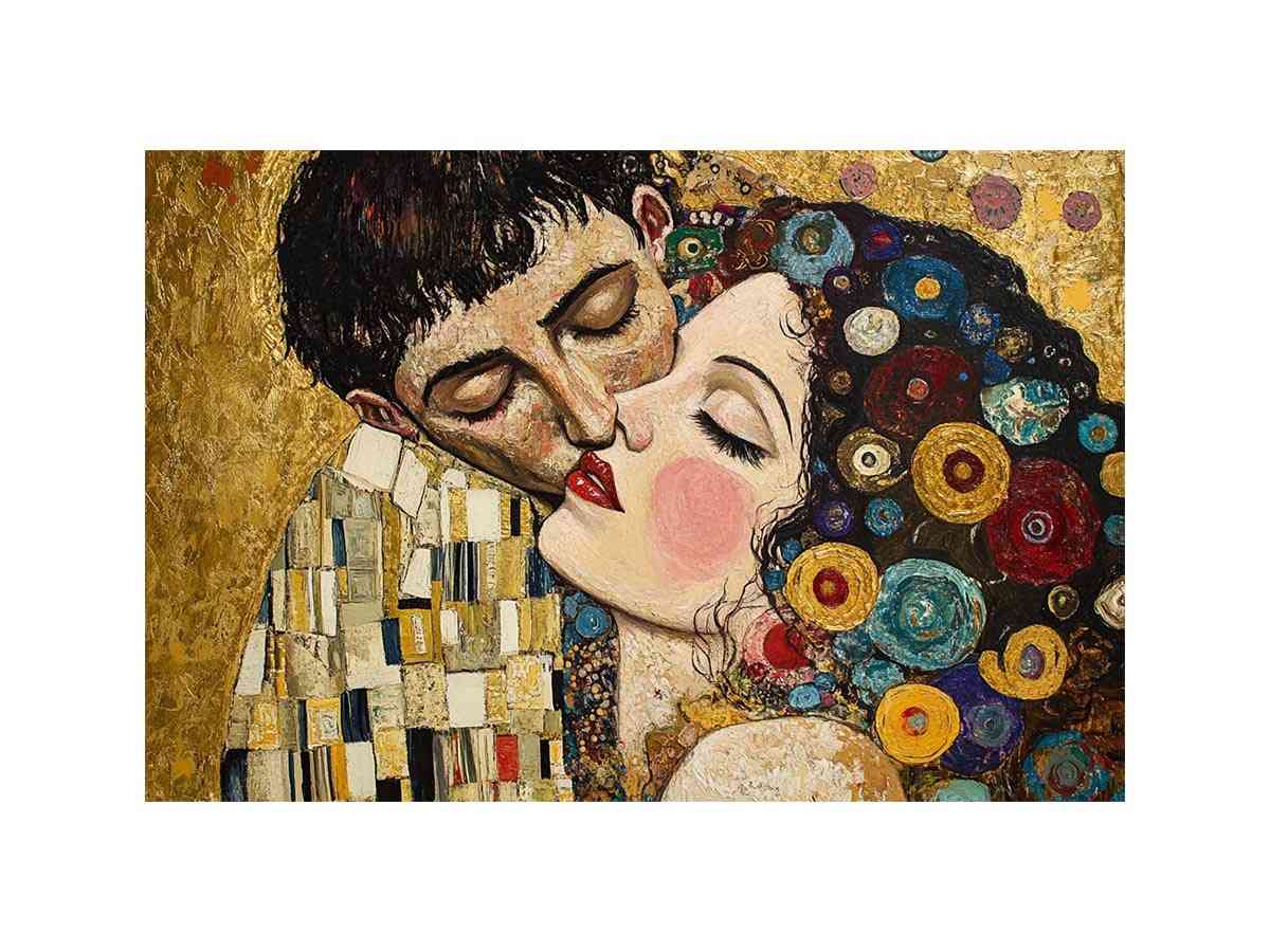 Elegant romantic kiss canvas art with gold and patterned details for bedroom decor.