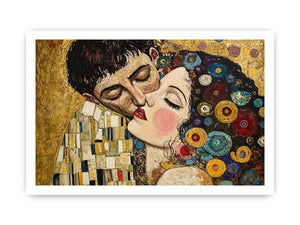 Elegant romantic kiss canvas art with gold and patterned details for bedroom decor.