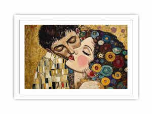 Elegant romantic kiss canvas art with gold and patterned details for bedroom decor.