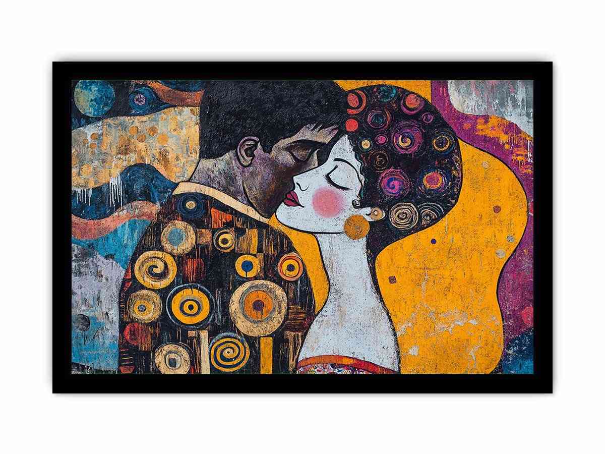 Modern romantic couple canvas art with yellow and patterned details for bedroom decor.