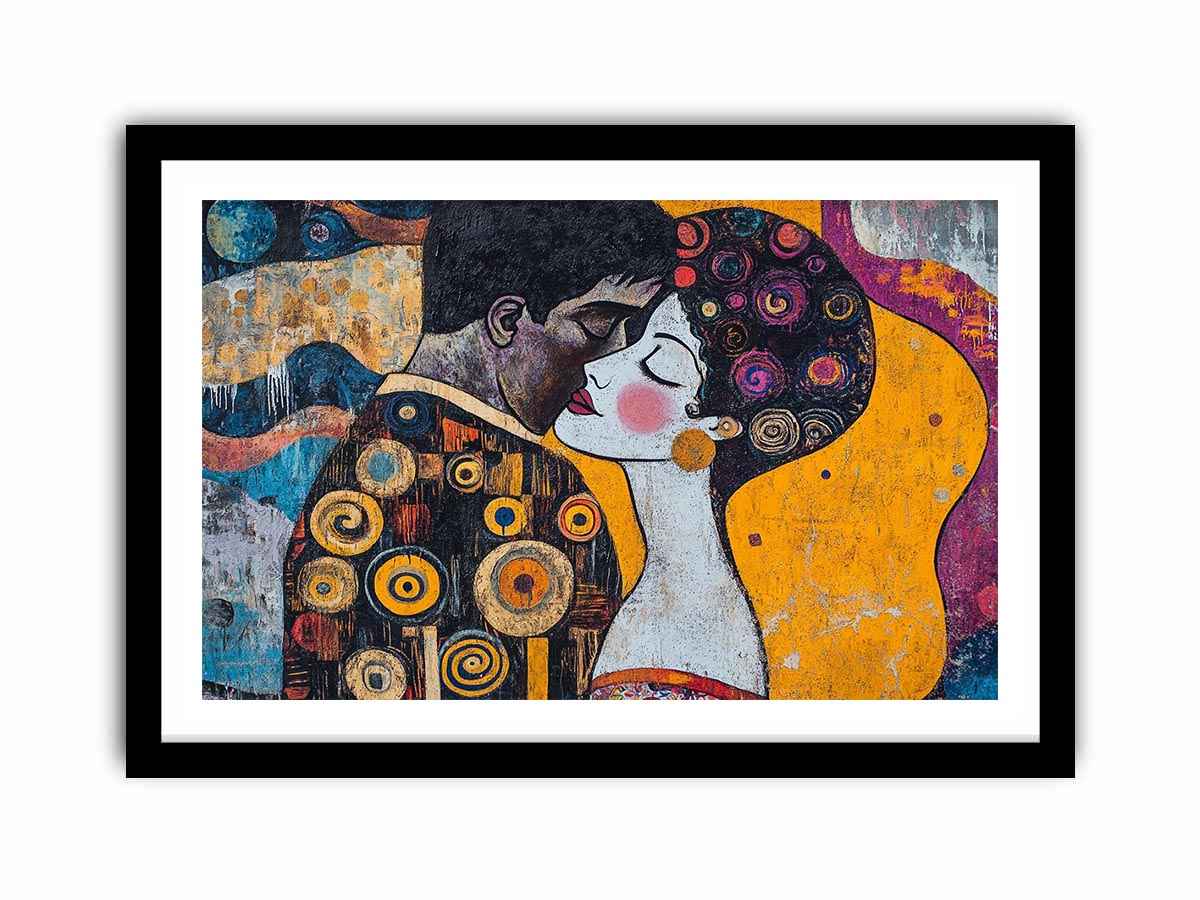 Modern romantic couple canvas art with yellow and patterned details for bedroom decor.