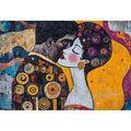 Modern romantic couple canvas art with yellow and patterned details for bedroom decor.