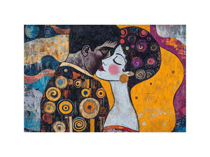 Modern romantic couple canvas art with yellow and patterned details for bedroom decor.