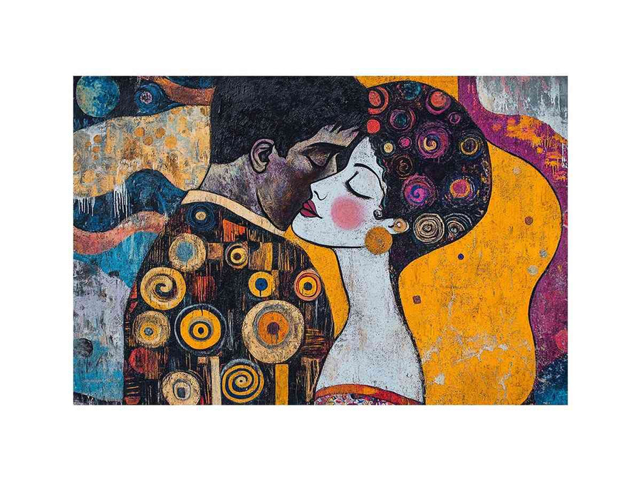 Modern romantic couple canvas art with yellow and patterned details for bedroom decor.