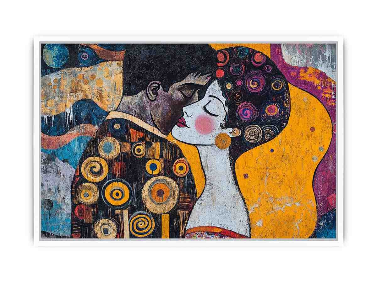 Modern romantic couple canvas art with yellow and patterned details for bedroom decor.