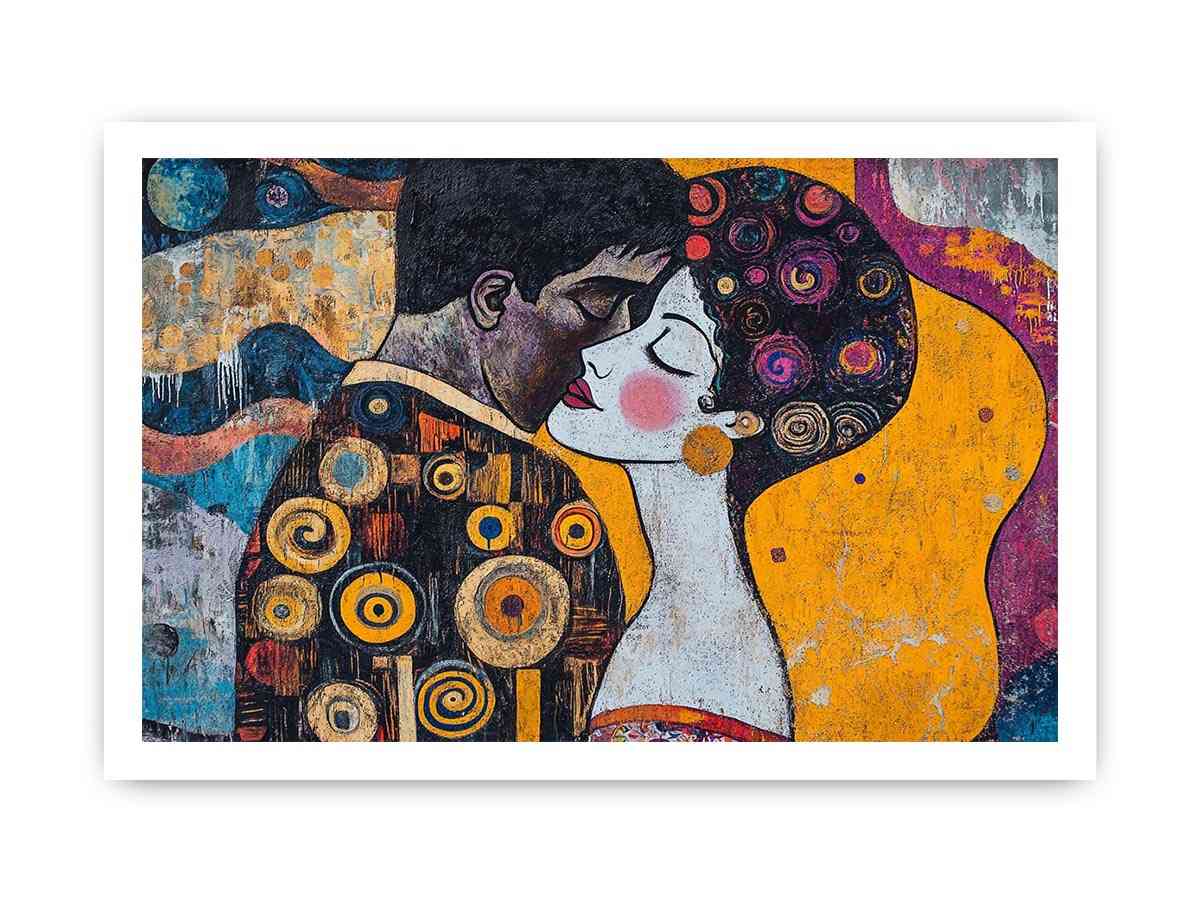 Modern romantic couple canvas art with yellow and patterned details for bedroom decor.