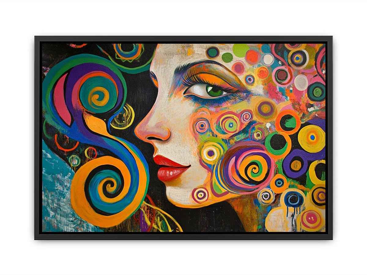 Colourful abstract woman portrait canvas art with spirals for modern living room decor.