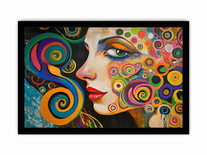 Colourful abstract woman portrait canvas art with spirals for modern living room decor.
