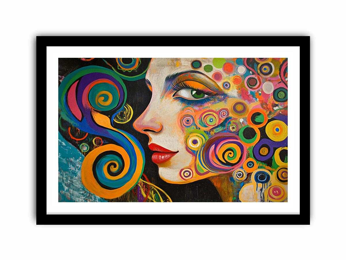 Colourful abstract woman portrait canvas art with spirals for modern living room decor.
