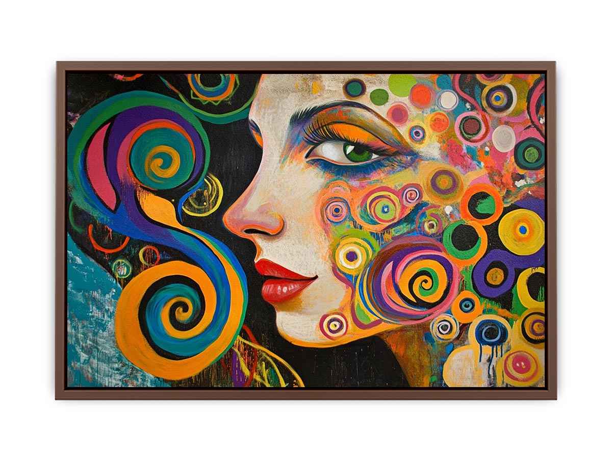 Colourful abstract woman portrait canvas art with spirals for modern living room decor.