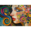 Colourful abstract woman portrait canvas art with spirals for modern living room decor.