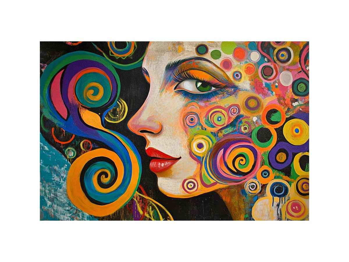 Colourful abstract woman portrait canvas art with spirals for modern living room decor.