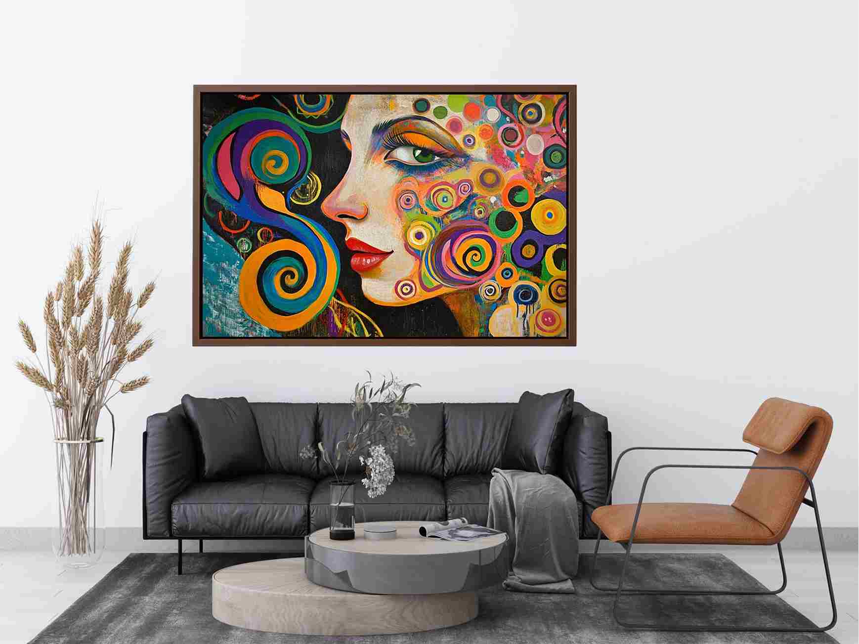Colourful abstract woman portrait canvas art with spirals for modern living room decor.