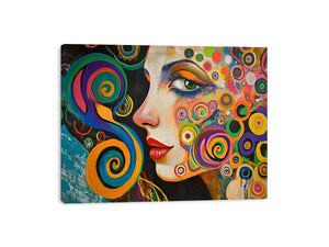 Colourful abstract woman portrait canvas art with spirals for modern living room decor.
