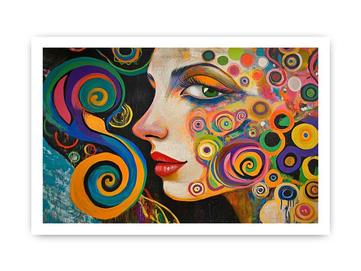 Colourful abstract woman portrait canvas art with spirals for modern living room decor.