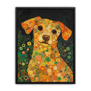 Colourful dog portrait canvas art with warm circles for playful modern home decor.