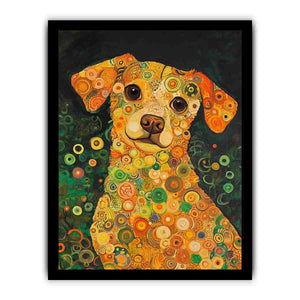 Colourful dog portrait canvas art with warm circles for playful modern home decor.