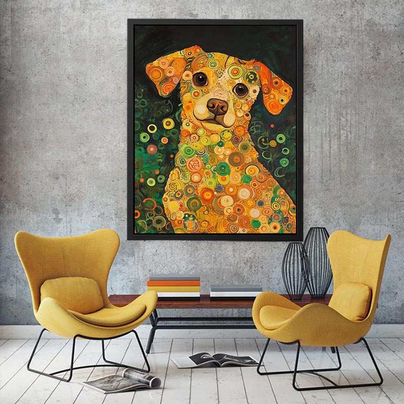 Colourful dog portrait canvas art with warm circles for playful modern home decor.
