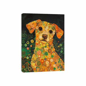 Colourful dog portrait canvas art with warm circles for playful modern home decor.