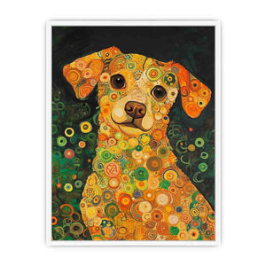 Colourful dog portrait canvas art with warm circles for playful modern home decor.