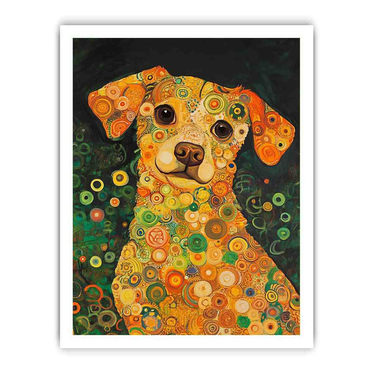 Colourful dog portrait canvas art with warm circles for playful modern home decor.