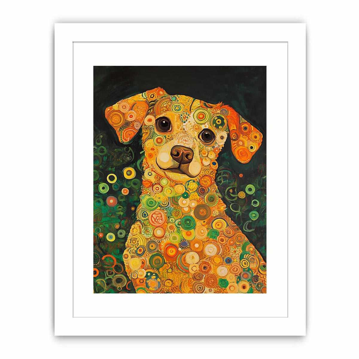 Colourful dog portrait canvas art with warm circles for playful modern home decor.